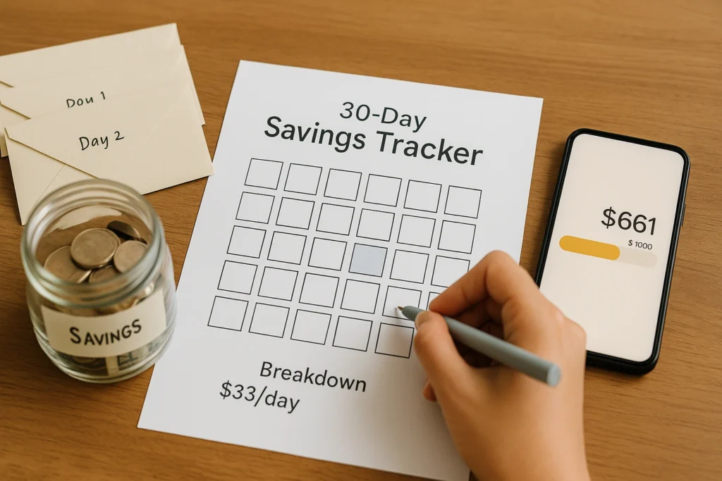 30 day tracker sheet for Savings Challenge